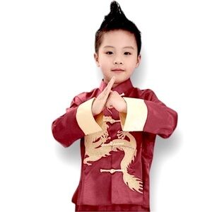 Satin Dragon Tangzhuang Chinese Kungfu Jacket Cute Boys Size 8 Red & Gold NWT